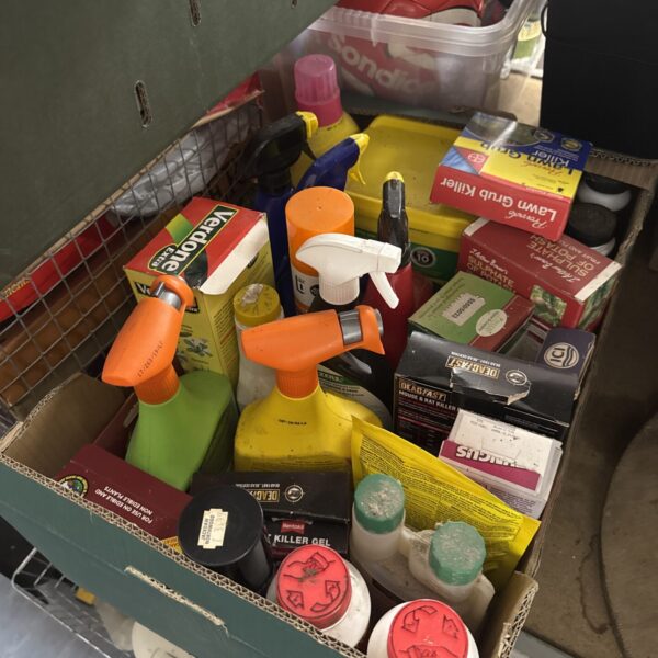 Assorted gardening chemicals in a tray for plant care.