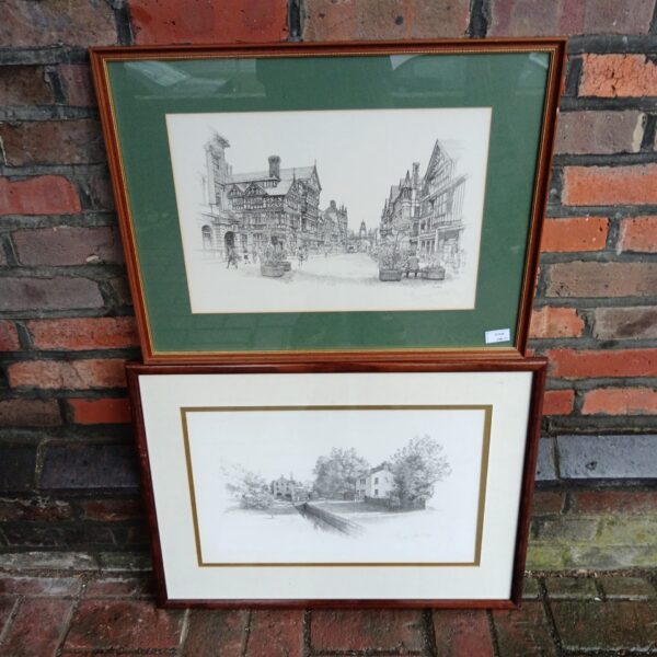 Signed Geldart print of a bustling town scene.
