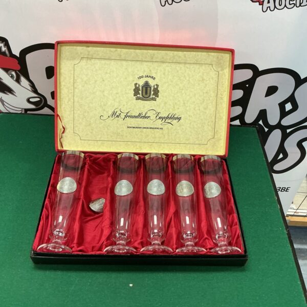 Vintage set of tall German beer glasses in presentation box.