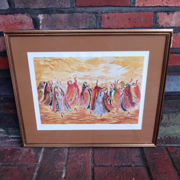 Vibrant Gila Holt sundancer print depicting middle eastern women dancing.