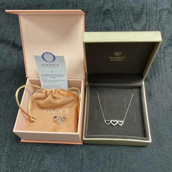 Gnoce silver charm necklace with Warren James chain, close-up view.