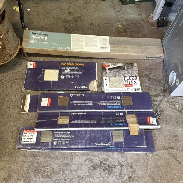Stack of Goodhome flooring tiles for home improvement projects.