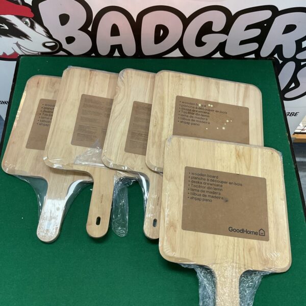 Five goodhome wooden cutting boards stacked together.