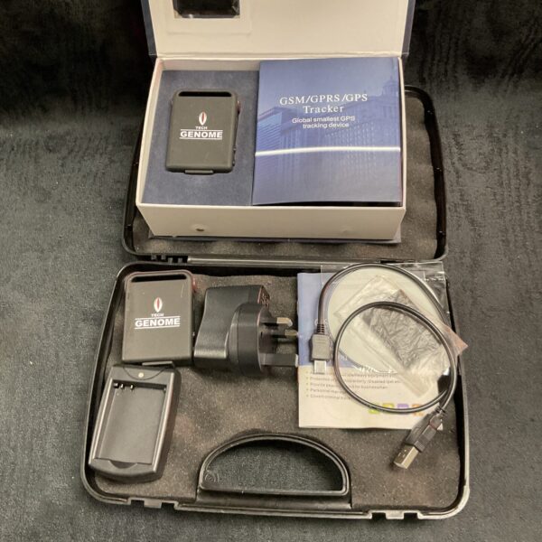 Closed plastic case containing two GSM GPS trackers.