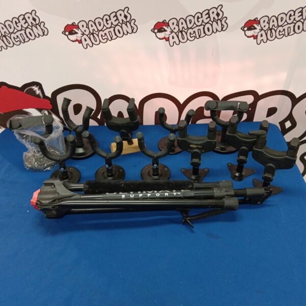 Lot of eleven guitar holders and one guitar stand.