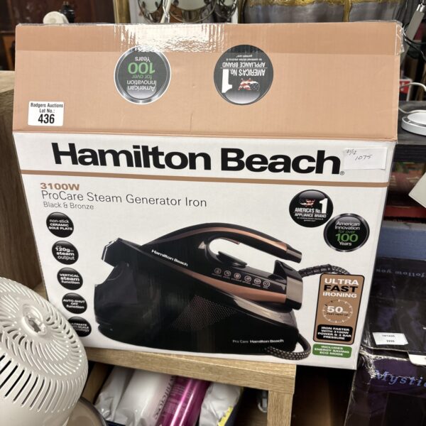 Boxed Hamilton Beach steam iron, model 3100W, in good condition.