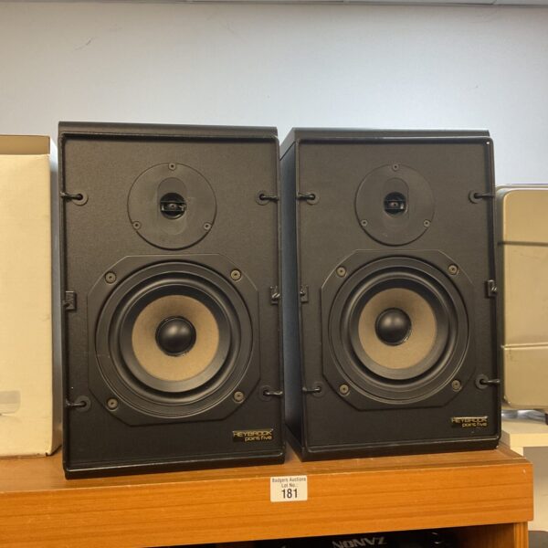Pair of vintage Heybrook Point Five bookshelf speakers in good condition.