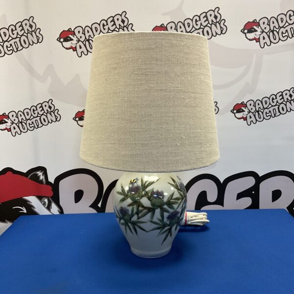 Vintage Highland stoneware table lamp with thistle and bee design.