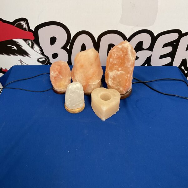 Lot of five Himalayan salt lamps for ambient lighting and home decor.