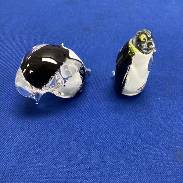 Pair of clear and black Hokitika glass penguins on display.