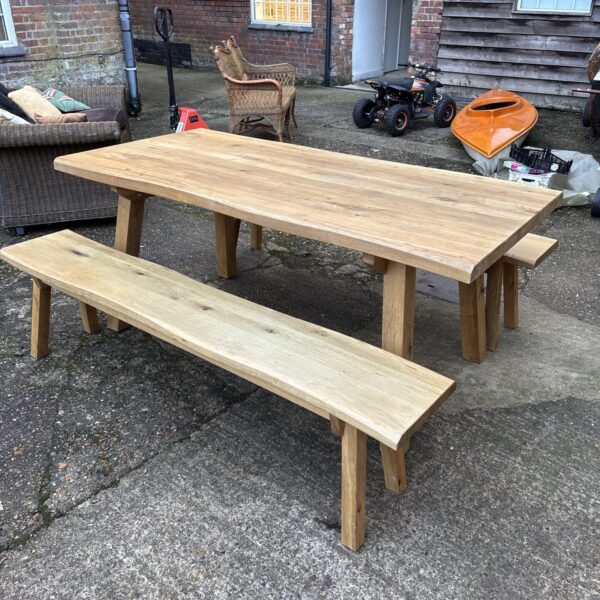 Large rustic oak table and benches 71 x 29.5 inches