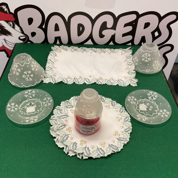 Christmas Place mats with yankee candle frosted snowflakes glass candle shades and dishes