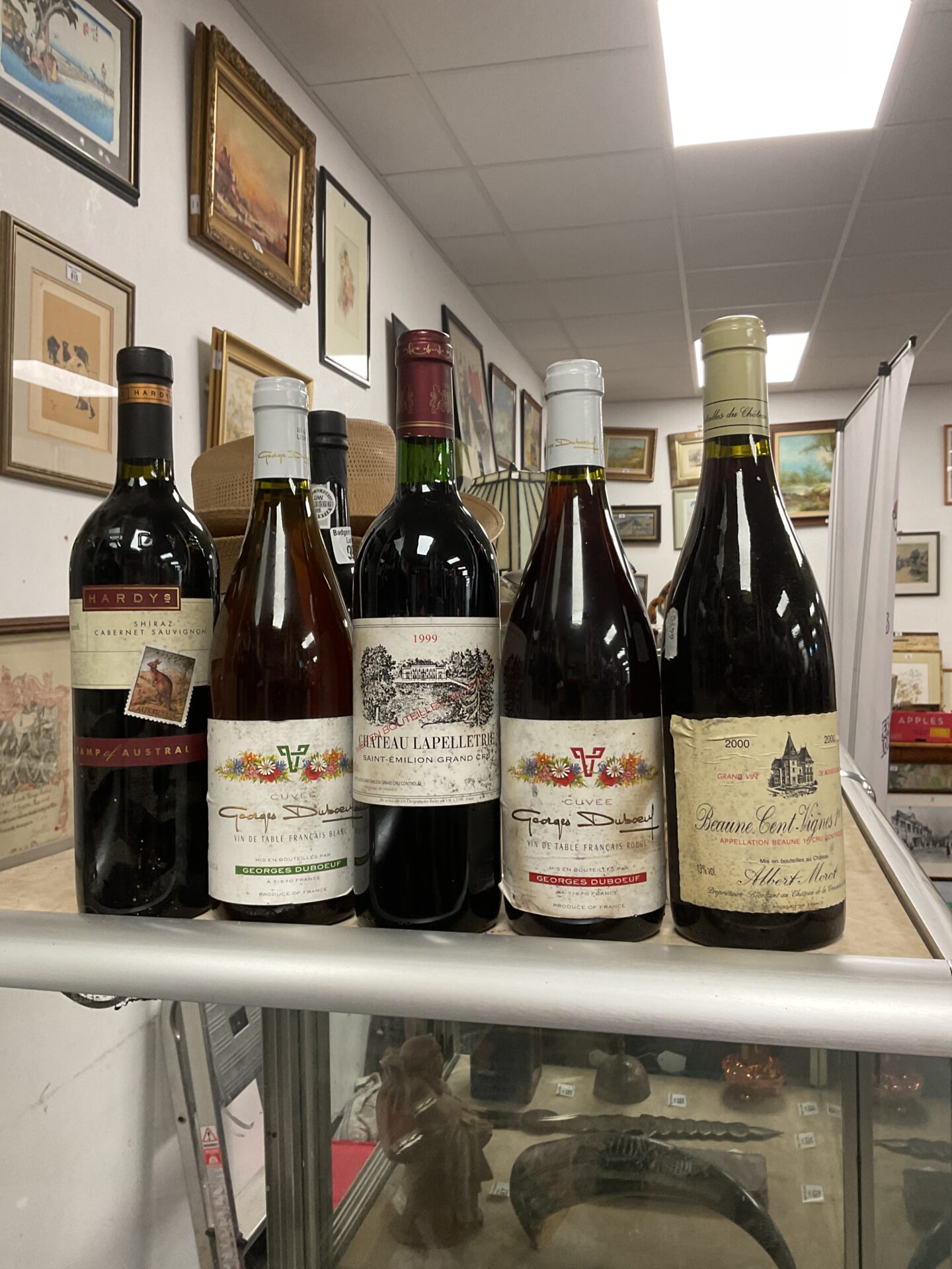 Five sealed bottles of wine, including Hardees Shiraz Cabernet Sauvignon & georges duboeuf