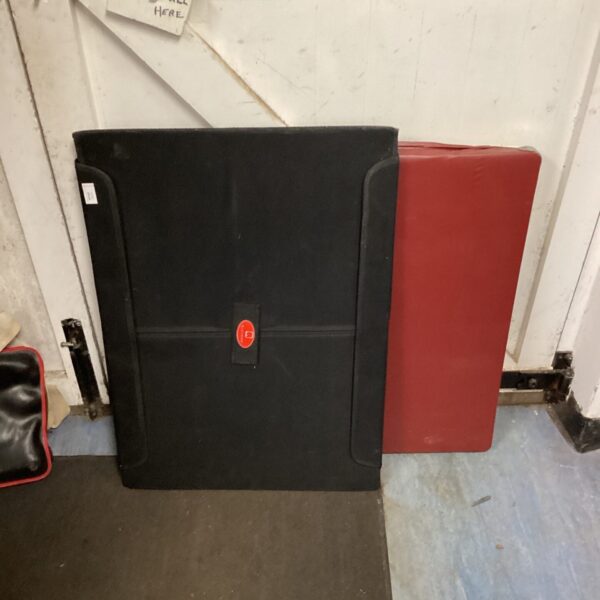 Folding red leather card table & jumbo puzzle board carry case