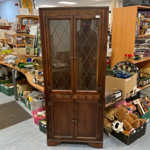 Vintage Corner display Cabinet with glass shelves & lights H66”xW29”xD20”