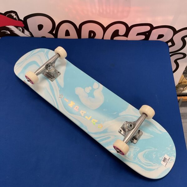 Blue Impala Cosmos skateboard with cloud graphic.