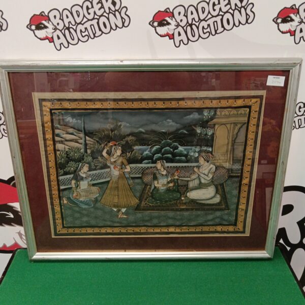 Vintage Indian silk painting of a royal dancer and musicians.