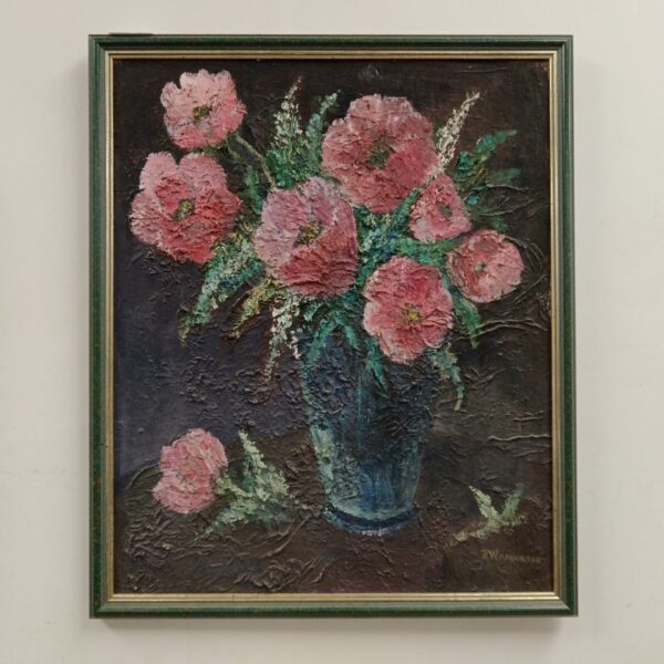 Vintage J Warburton still life oil painting of flowers in a vase.