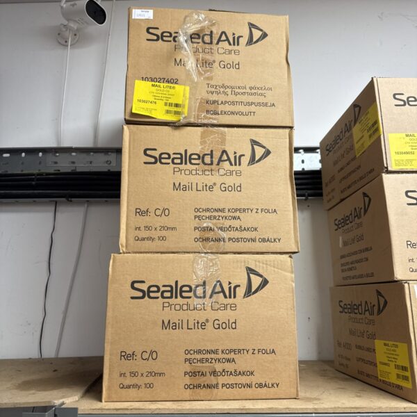 Three unopened boxes of Mail Lite Gold Jiffy Bags.