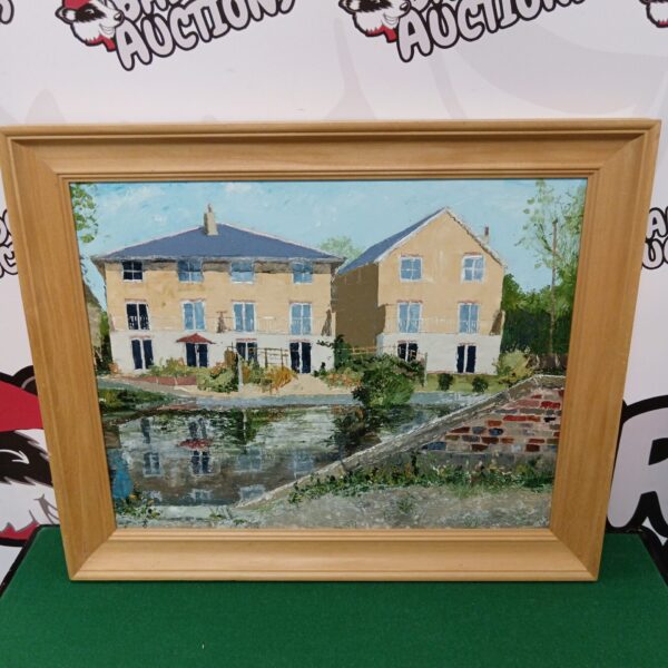 John Stacey canal oil painting of houses by the water.