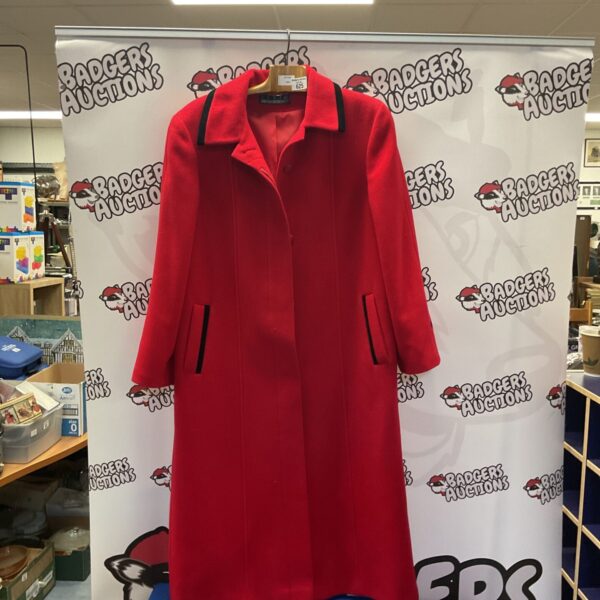 Long red Kesta London coat, vintage women's outerwear.
