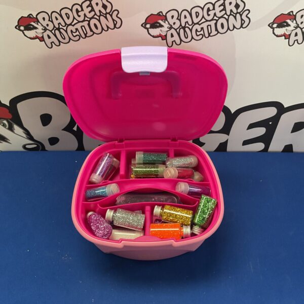 Pink kids nail art kit with colourful glitter pots inside.