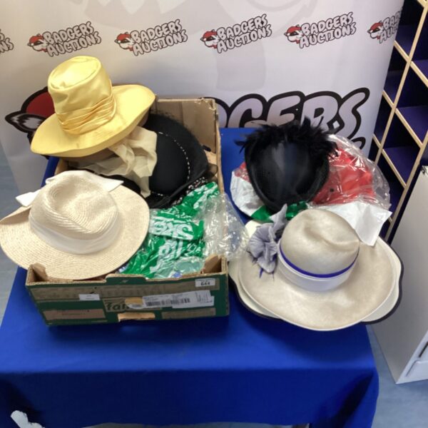 Mixed lot of vintage ladies hats on display.