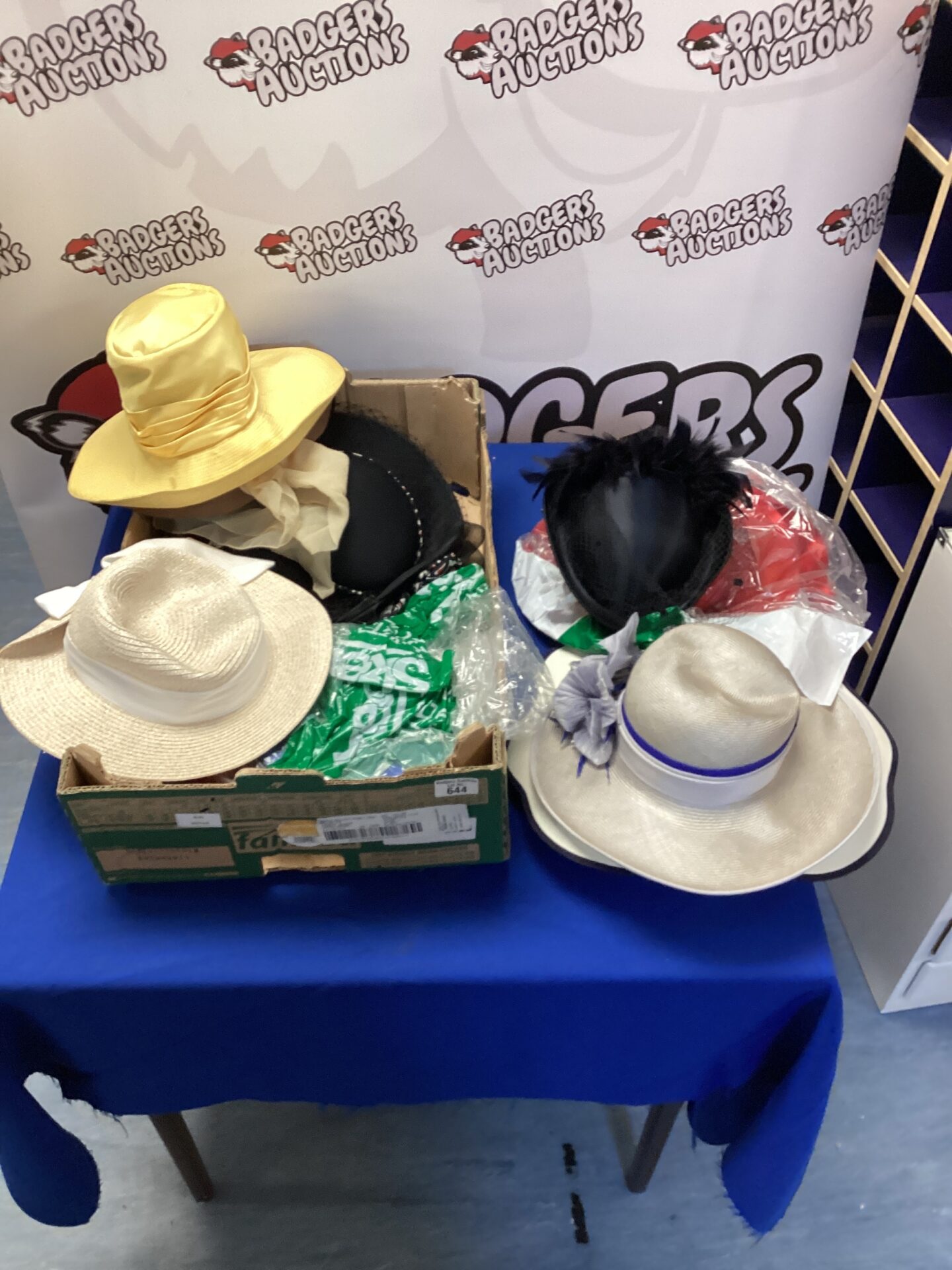 Mixed lot of vintage ladies hats on display.