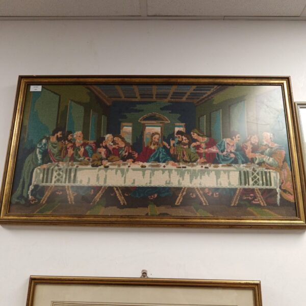 Framed Last Supper embroidery, vintage religious wall art.