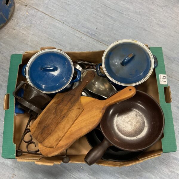 Vintage Le Creuset cast iron cookware lot with blue lids.