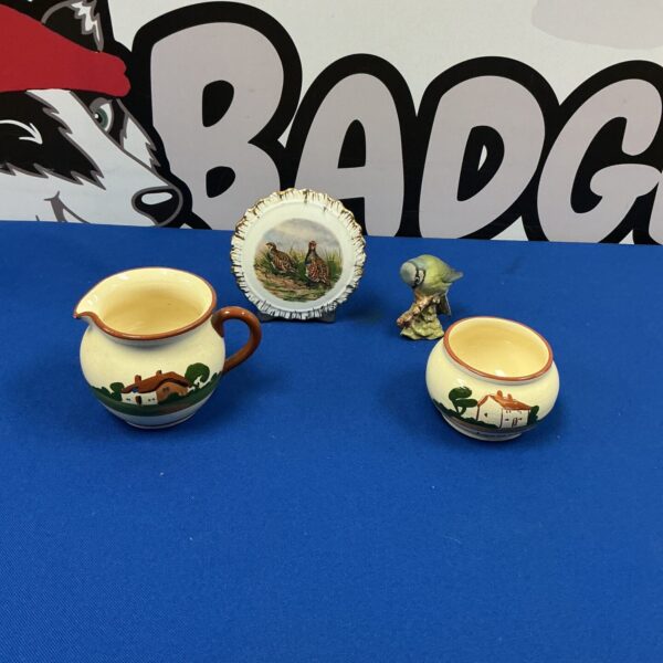 Vintage Lynmouth Pottery milk jug and sugar set with Beswick bird.