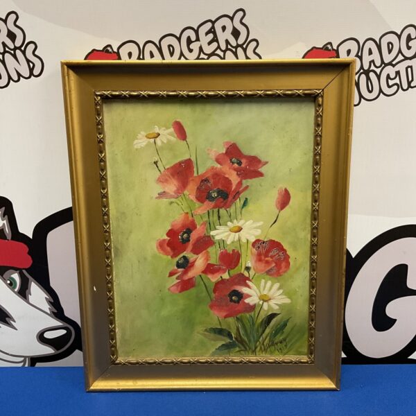 Vintage 1913 oil painting of vibrant poppies signed M Gray.