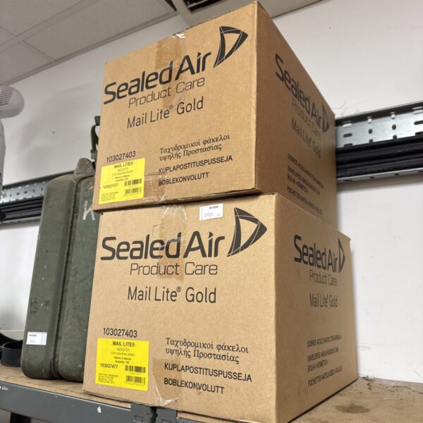 Two boxes of unopened Mail Lite Gold Jiffy bags for secure mailing.