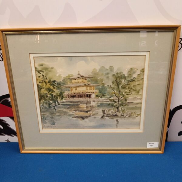 Vintage watercolour painting of a Japanese temple by Margaret Worthington.