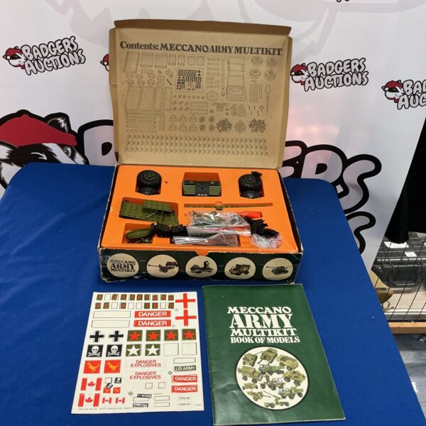 Front view of vintage Meccano Army Multikit box with illustrations.