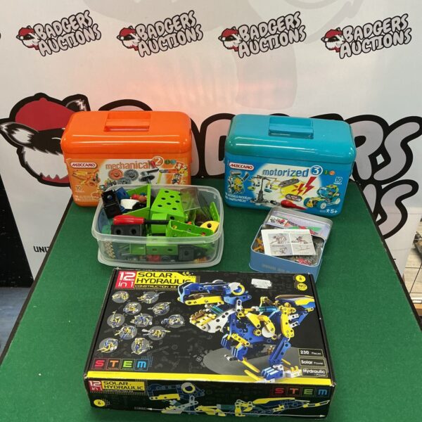 Vintage Meccano kits lot, classic construction toys for building mechanical models.