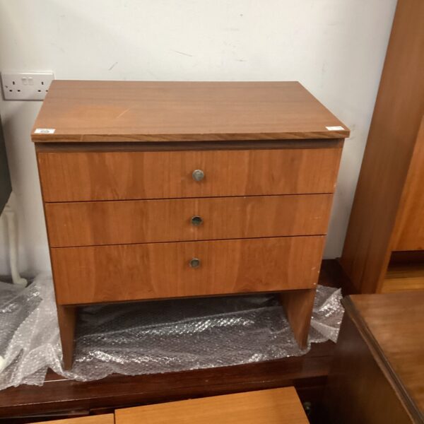 Vintage mid-century Meredew cabinet with three drawers.
