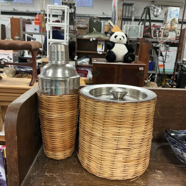 Vintage mid-century Scandinavian cocktail shaker and ice bucket set.