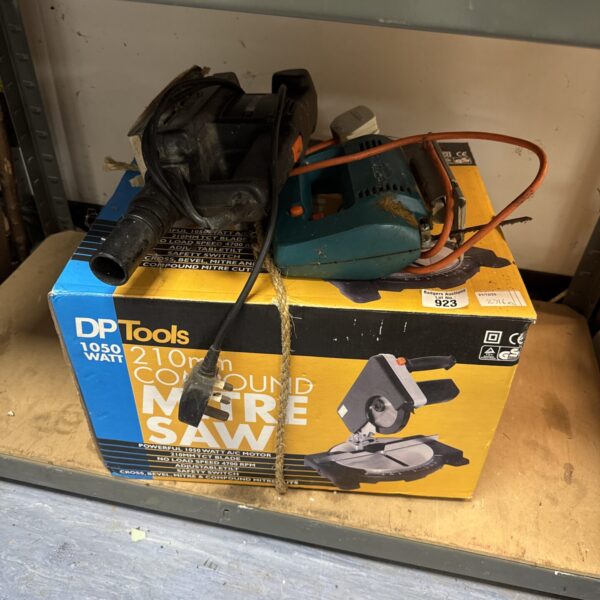 Electric compound mitre saw for wood cutting and DIY projects.