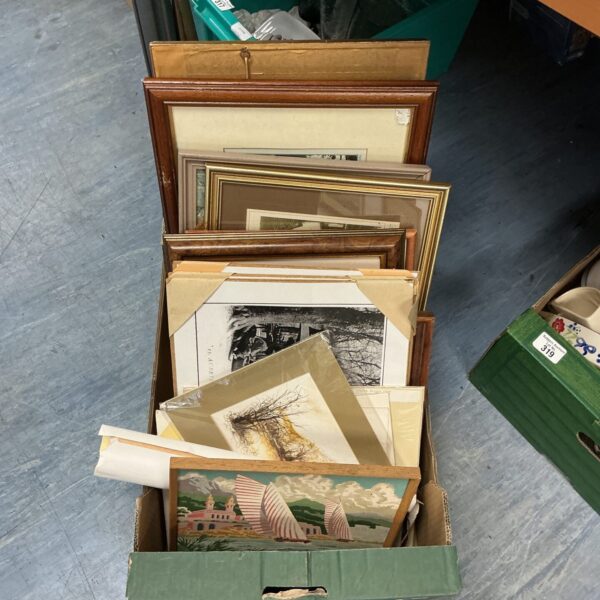 Mixed lot of vintage and framed art prints for wall decor.