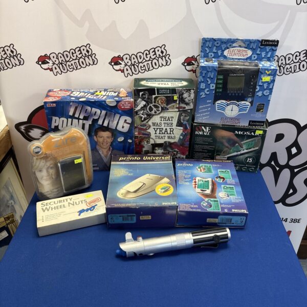 Mixed lot of board games and electrical items including Tipping Point game.