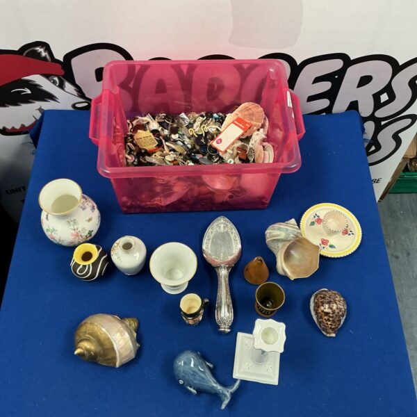 Mixed lot of vintage buttons, shells, and small curios for crafting.