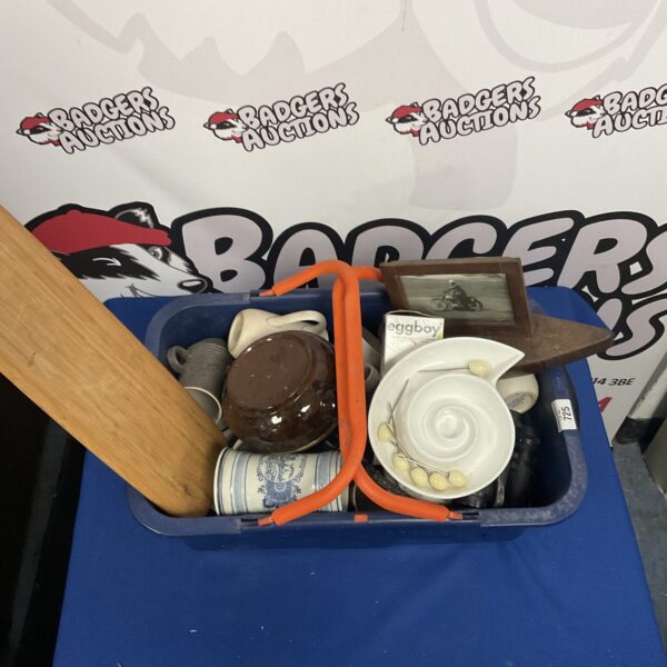 Mixed lot of ceramics, binoculars, and a chopping board.