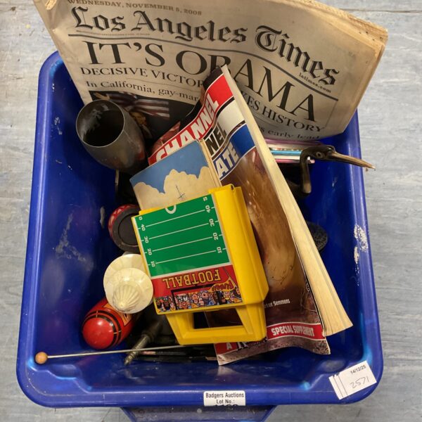 Mixed lot of vintage collectibles including a newspaper and silver cup.