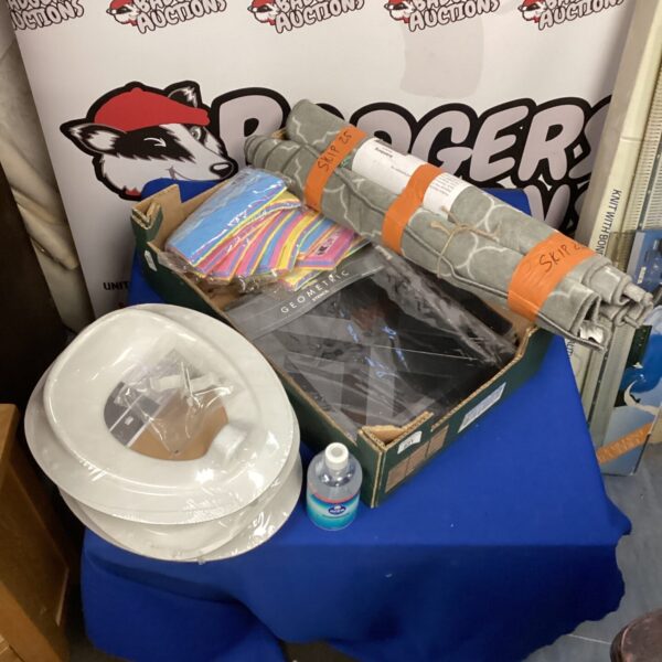 Mixed lot of household items including a rug and cleaning supplies.