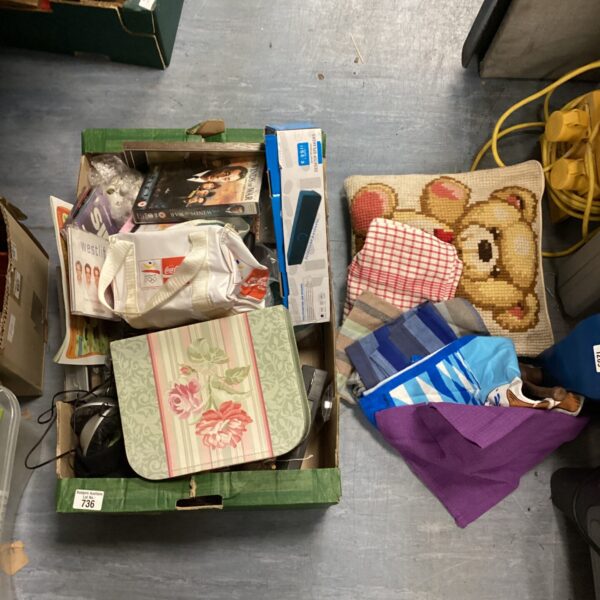 Mixed lot featuring a teddy cushion, bamboo bag, and speaker.