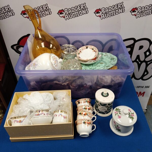 Mixed lot of vintage porcelain and glassware with Fortnum & Mason jar.