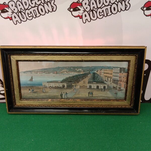 Antique Neapolitan watercolour painting of a coastal scene with figures and carriages.