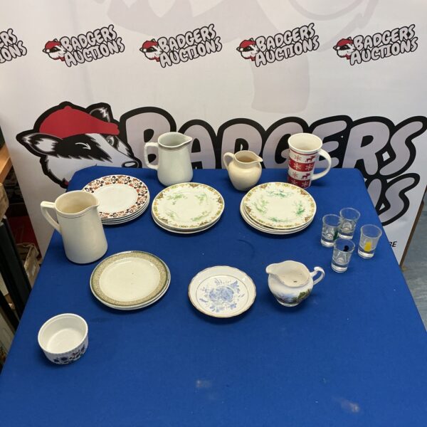 Antique Newhall Royal Ware pottery selection on a blue background.