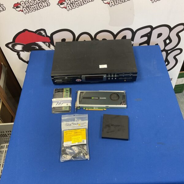 Component lot featuring Nvidia Quadro graphics card and Philips CD player.